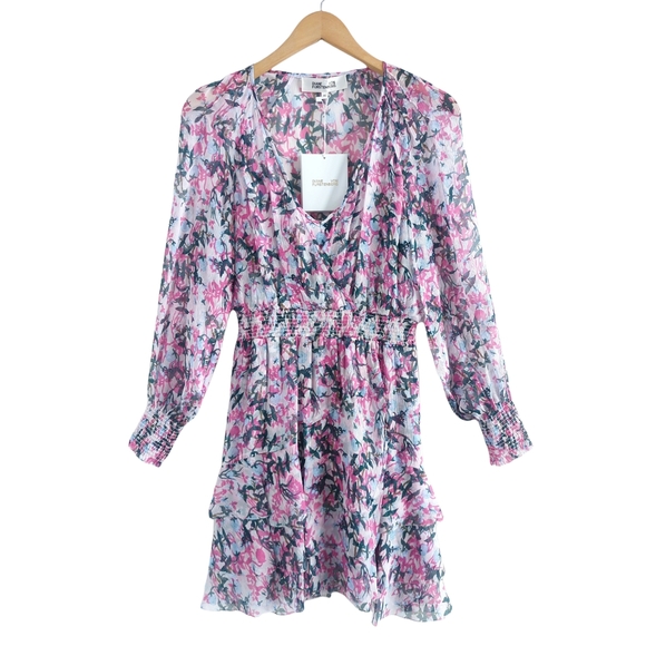 DIANE VON FURSTENBERG Kelby Floral Silk Mini Tiered Ruffle Pink Dress Size XS - Picture 3 of 17